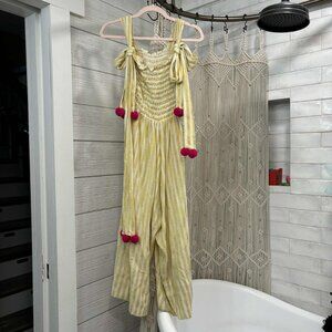 Sundress Pippa Yellow Stripe Pink Pom Pom Tie Shoulder Jumpsuit Romper XS/S EUC
